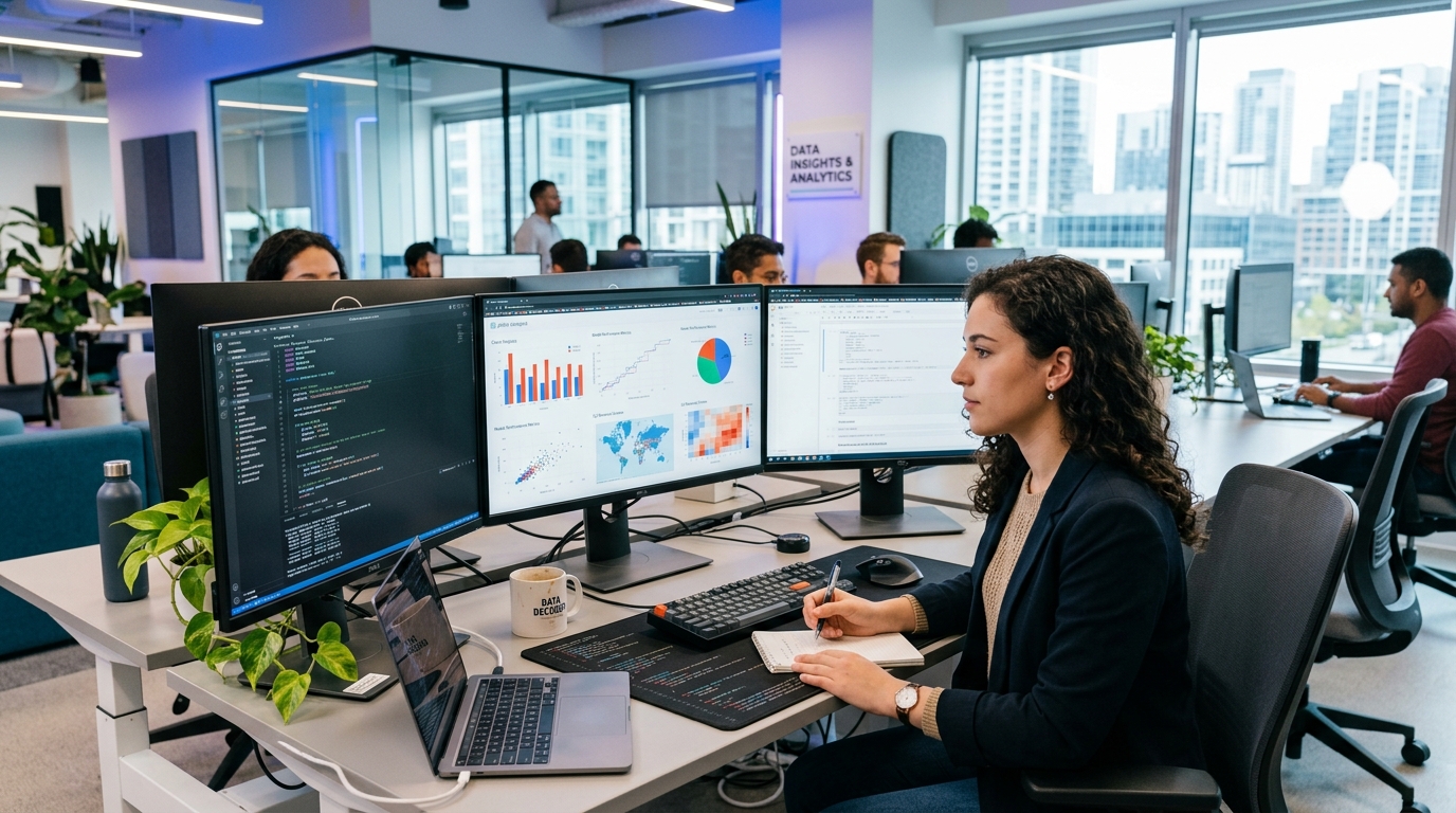 Entry-Level Data Scientist working on multiple monitors analyzing data