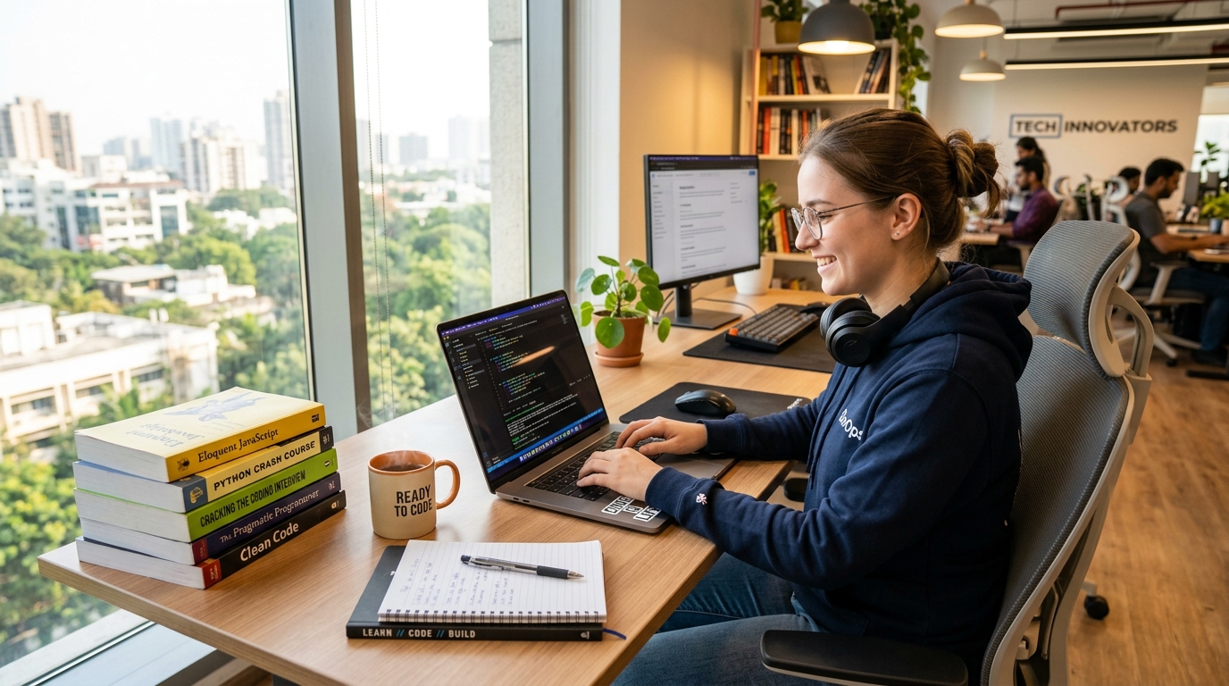 Entry-Level Software Engineer Coding on Laptop