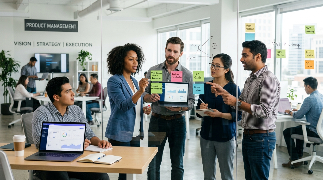 A team of product managers collaborating on strategy in a modern office
