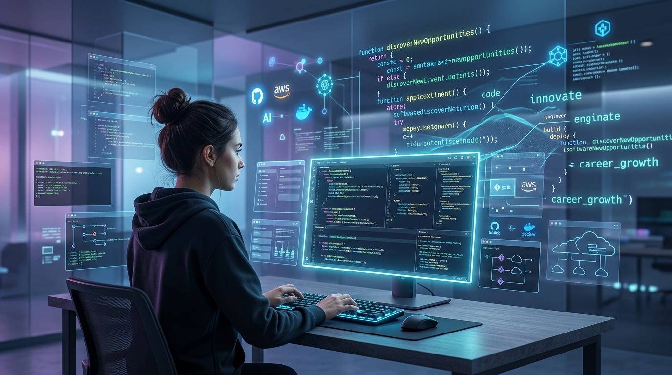 Software Engineer Jobs workspace with glowing code screens